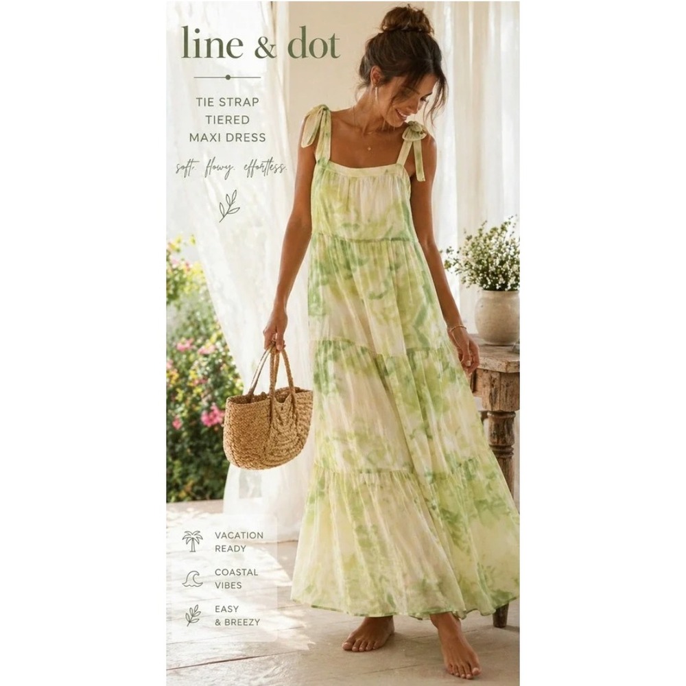 Line & Dot Green Tie Dye Tiered Maxi Dress Tie Strap Sz Small Cottagecore Summer